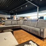 Mega hoekbank met open eiland, neksteunen, blauwgrijs